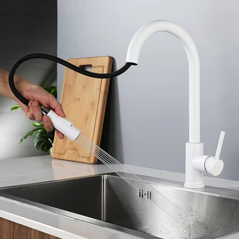 Flexible White Stainless Steel Pull Down Spout Kitchen Faucet Water Mixer Taps Faucet Kitchen