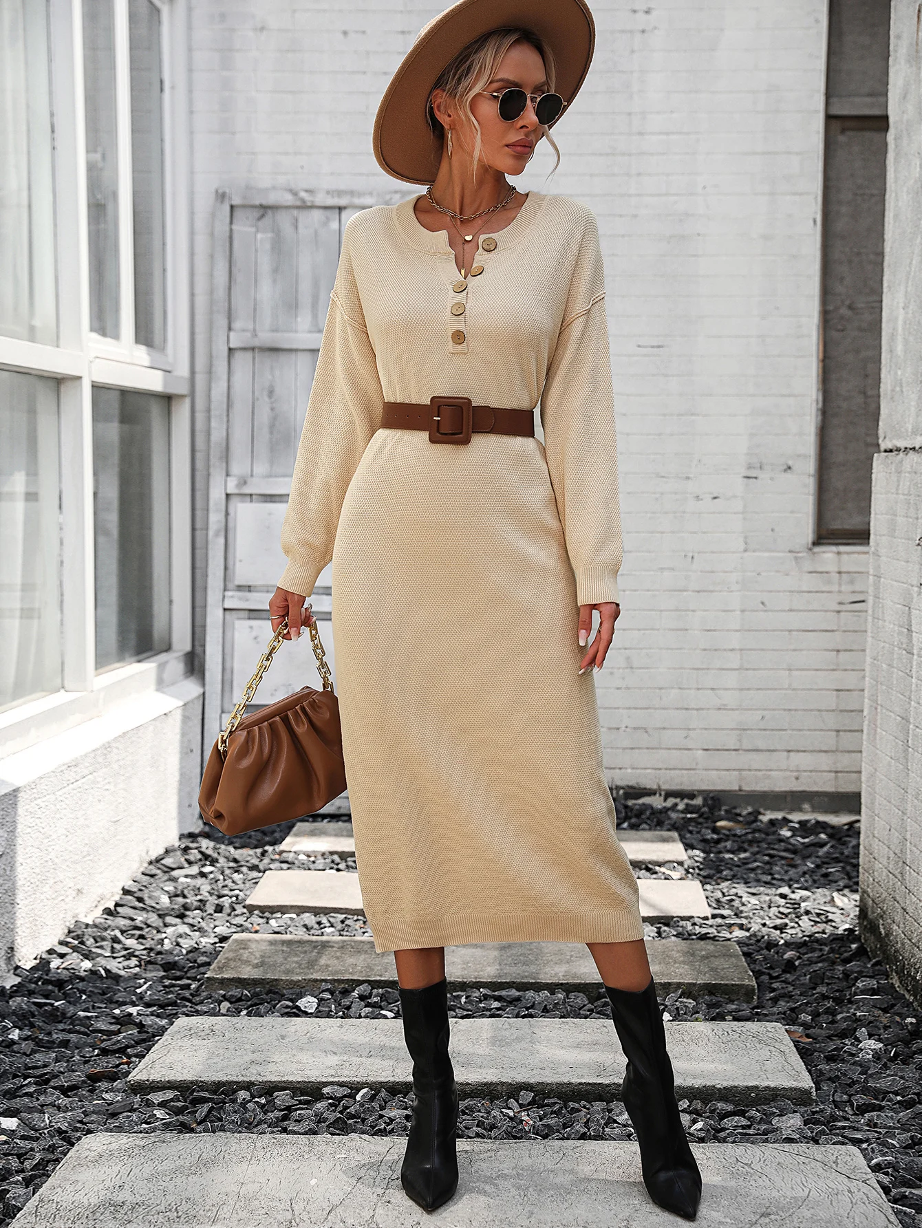 C230076 Casual Women Clothing Long Sleeve Solid Office Dress Knit Sweater Dresses For Ladies