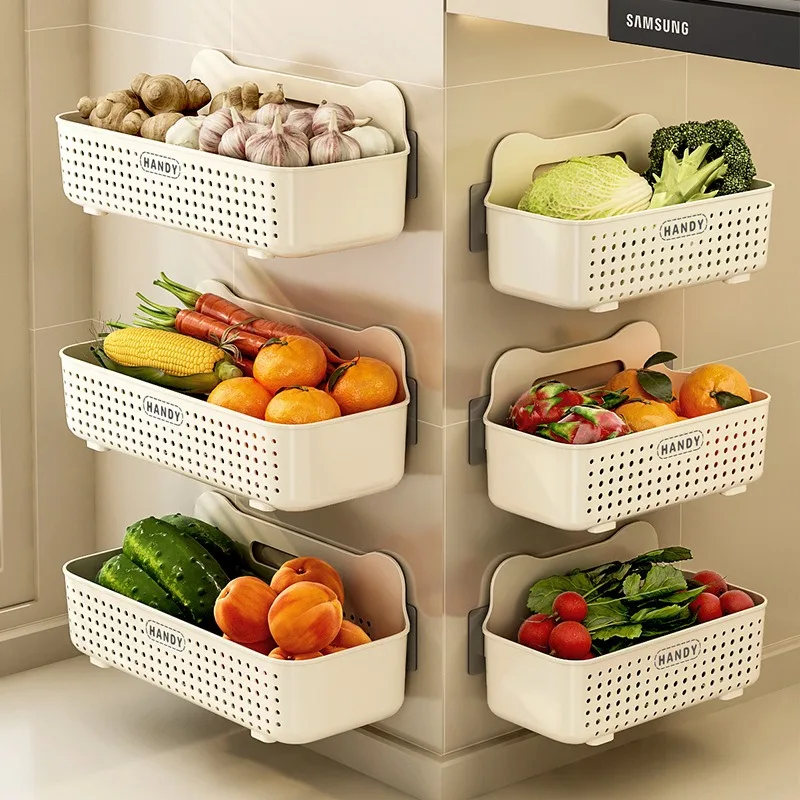 Modern Plastic Storage Basket with Wall-Mounted Rack Rectangle Shape for Daily Use in Kitchen and Bathroom