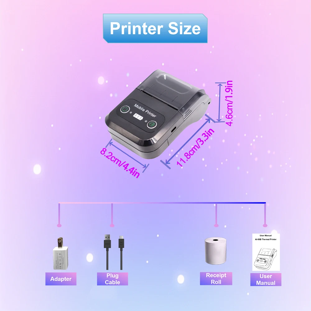 AIXW Android IOS 58mm Bluetooth Receipt Printer Connection with Battery 2 inch Mini Size Thermal Receipt Printer for Taxi Bill