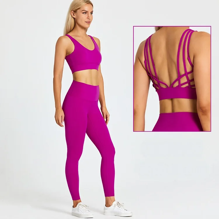 Manufacture Women's Multiple Colors Top Quality Brushed Nylon 4 Way Stretchy Shockproof Sports Bra and Legging Gym Workout Sets