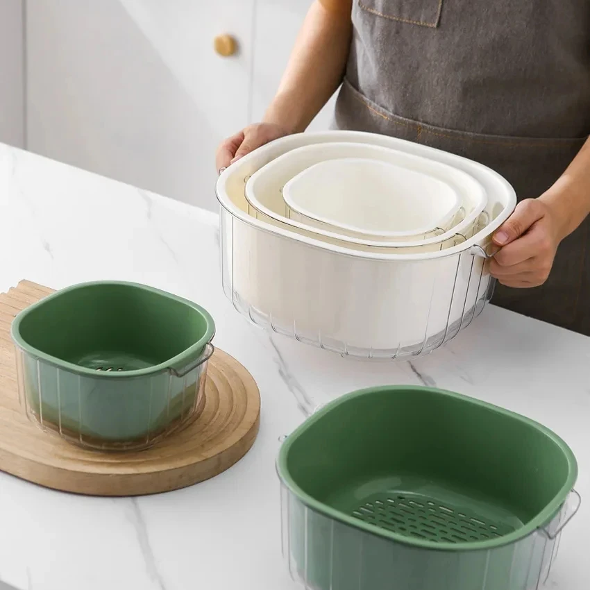 Kitchen Accessories Food Storage Container Box Plastic 2 in 1 Double-Layer drain fruit Basin washing basket