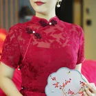 Dress Handmade Chinese Wine Red Sexy Long Lace Ethnic Wedding Clothing Women Silk Cheongsam Qipao Dress