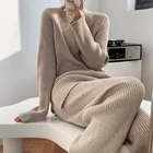 Knit Kingsun High Quality Cashmere Grey Solid Color Wide Leg Pants Set Knit Ribbed Sweater Set Twin Set