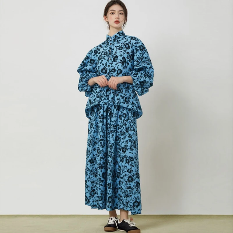 Muslim Casual Loose 2 Piece Set for Women Lantern Sleeve Tunic Bandage Top and High Waist Printed Pleated Dress Set factory