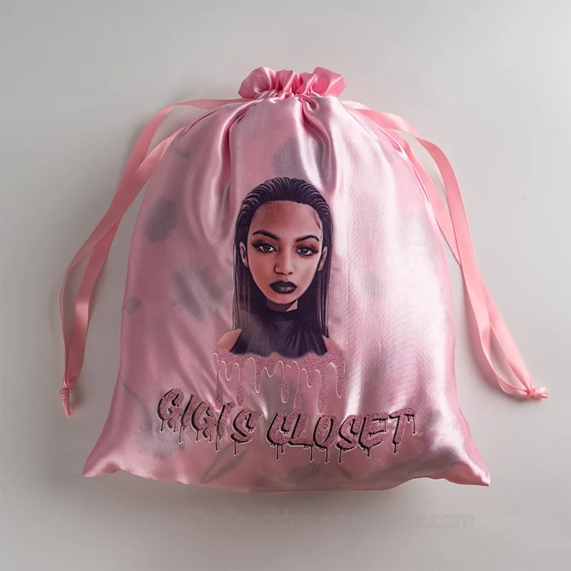 Custom Logo Printed Silk Satin Drawstring Bag Soft Hair Extension Gift Packaging Bag