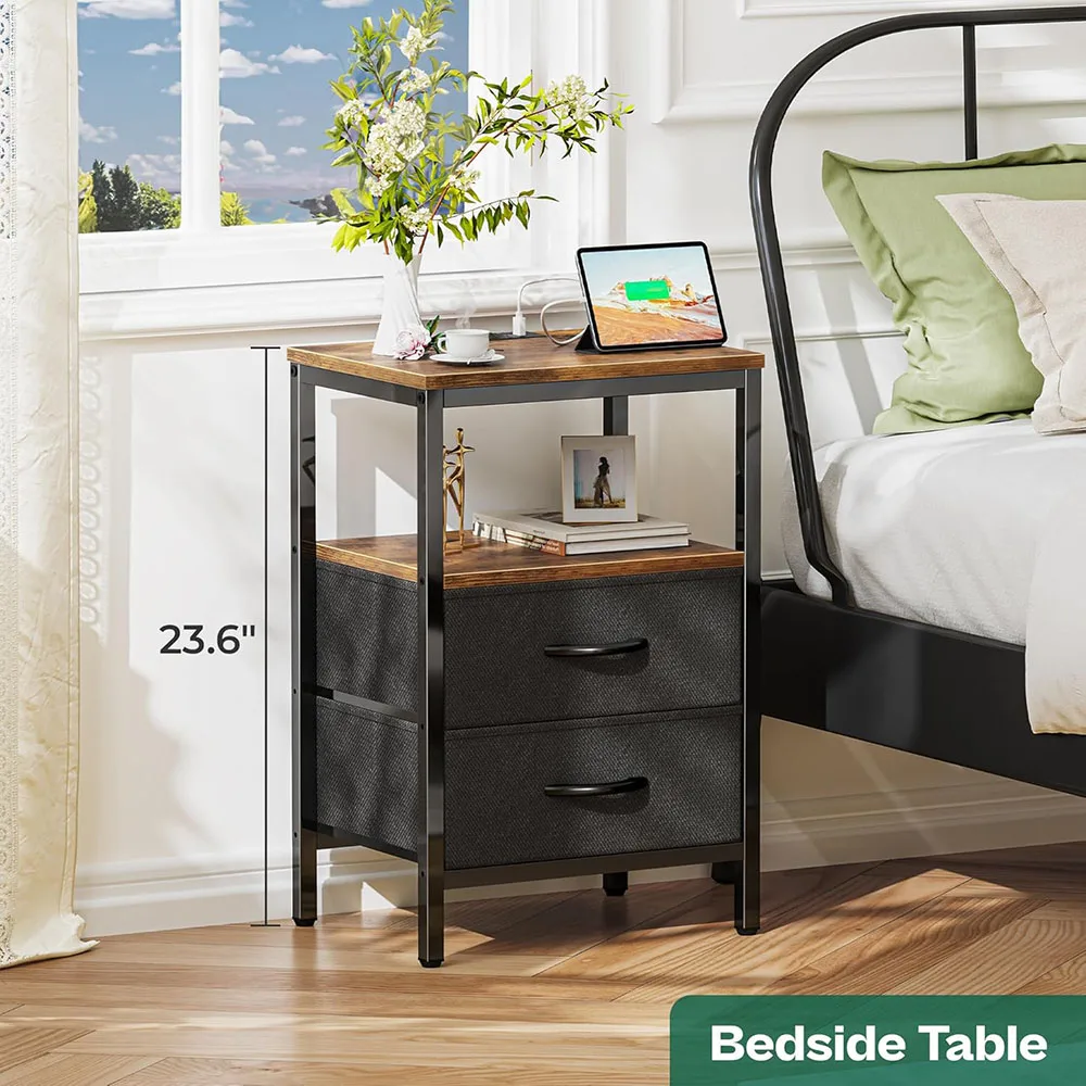 Modern Home Nightstand with Smart Charging Station Fabric Drawers Open Shelf USB Ports Outlets Wooden Panel Bedside Table supplier