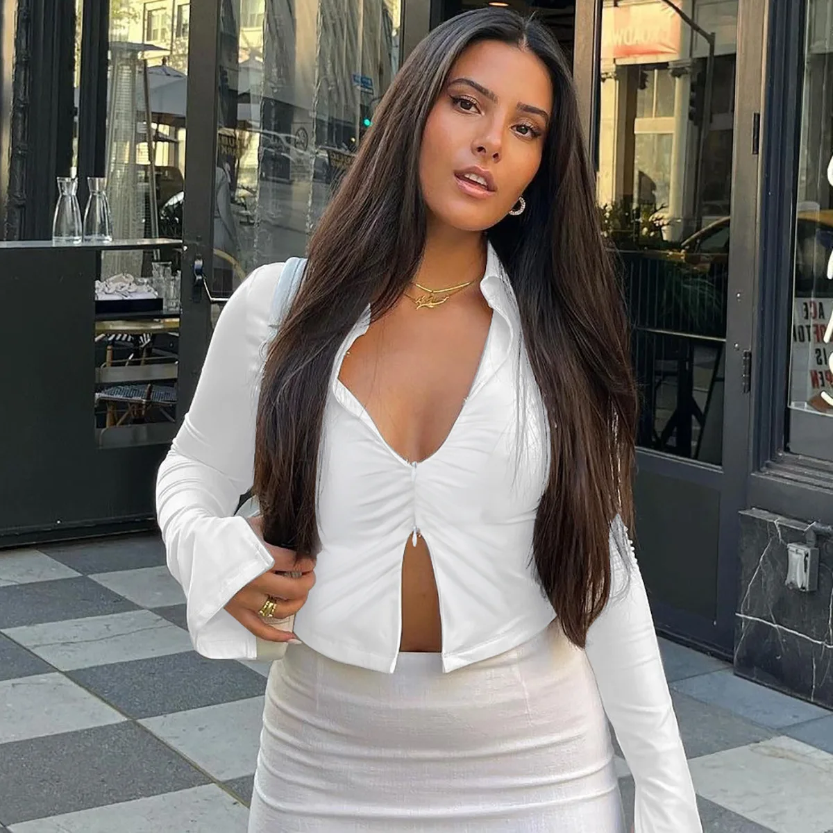 2024 Autumn New Chic Comfort-Oriented Women's Fashion Navel-baring Slim Fit Zipper Lapel Long-sleeved T-shirt Tops Short Length Ha2e590078ee94292b27ea94ae96c712co