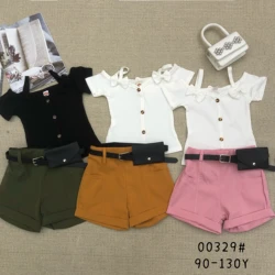 2023 Baby Clothing Girls Striped Suspenders One-shoulder Shorts Suit With Bag Cool Cotton Solid Color Toddler Baby Clothes Sets