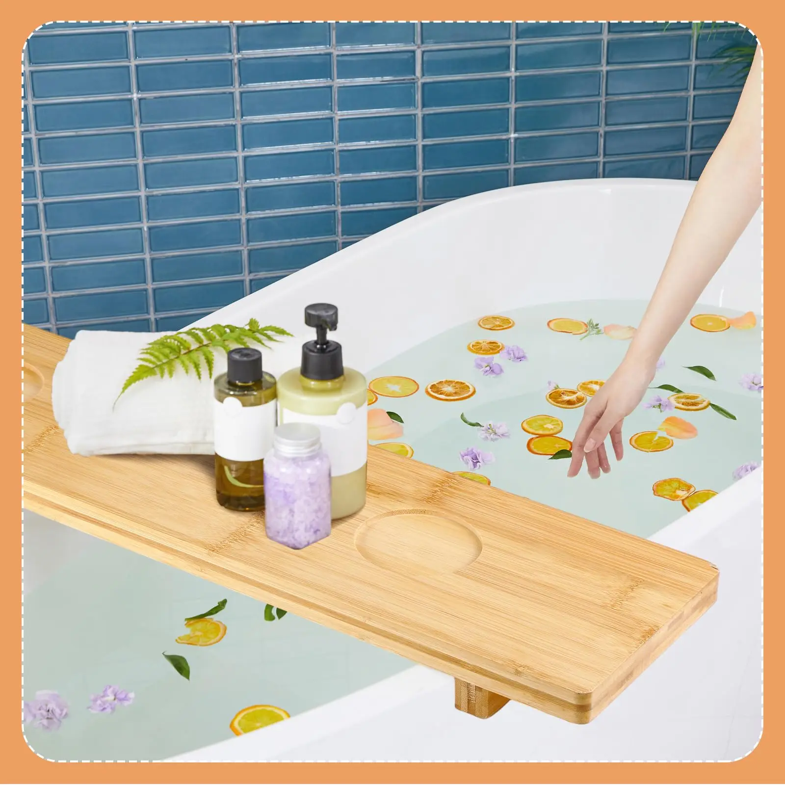 product large spa like wooden bamboo bath tub tray with anti tipping feature table rack accessories for bathrooms set of accessories-9