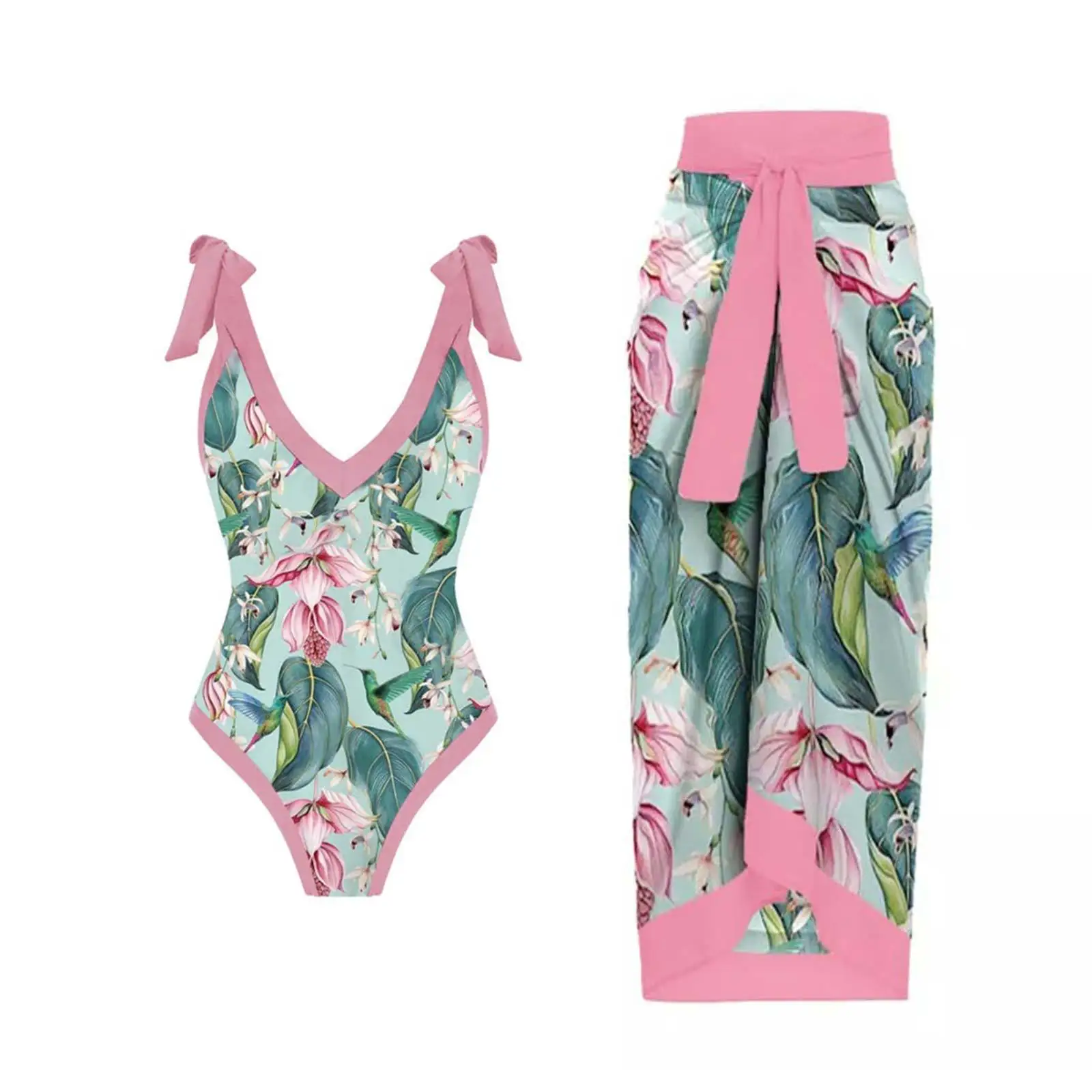 New Arrival Women's Floral Printing Tight Slim Retro One-Piece Bikini Chiffon Skirt Swimsuit Set