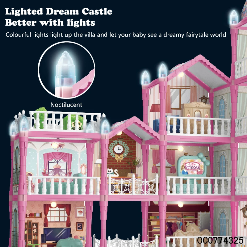 Pretend play preschool luminous luxury villa doll miniature dollhouse kit with furniture toy for girls