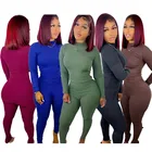 Tops Long Spring Fashion Ladies Skinny Sleeve Tops Outfits Ribbed Casual Long Women 2 Piece Pants Set