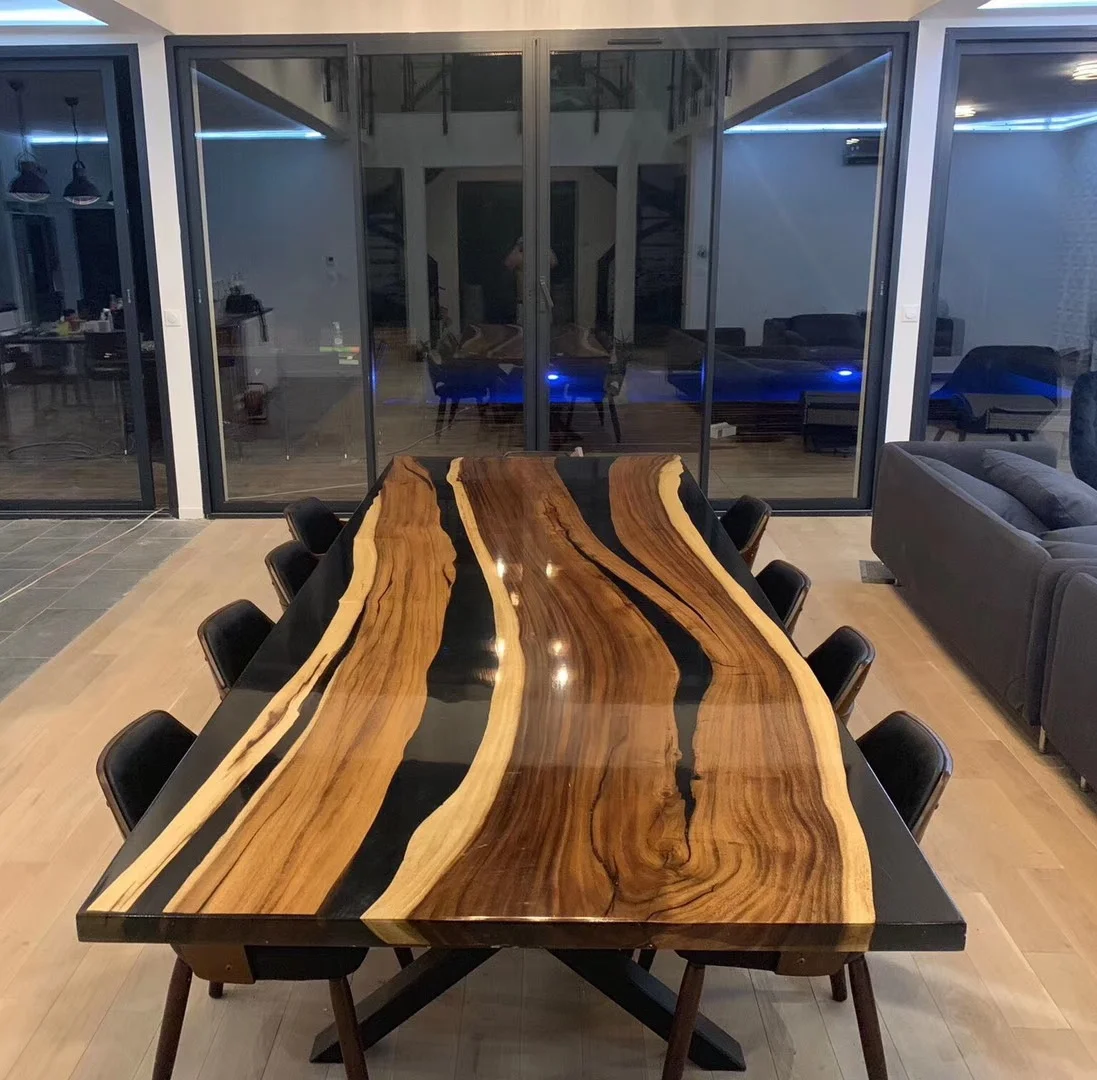 wood slab table with resin