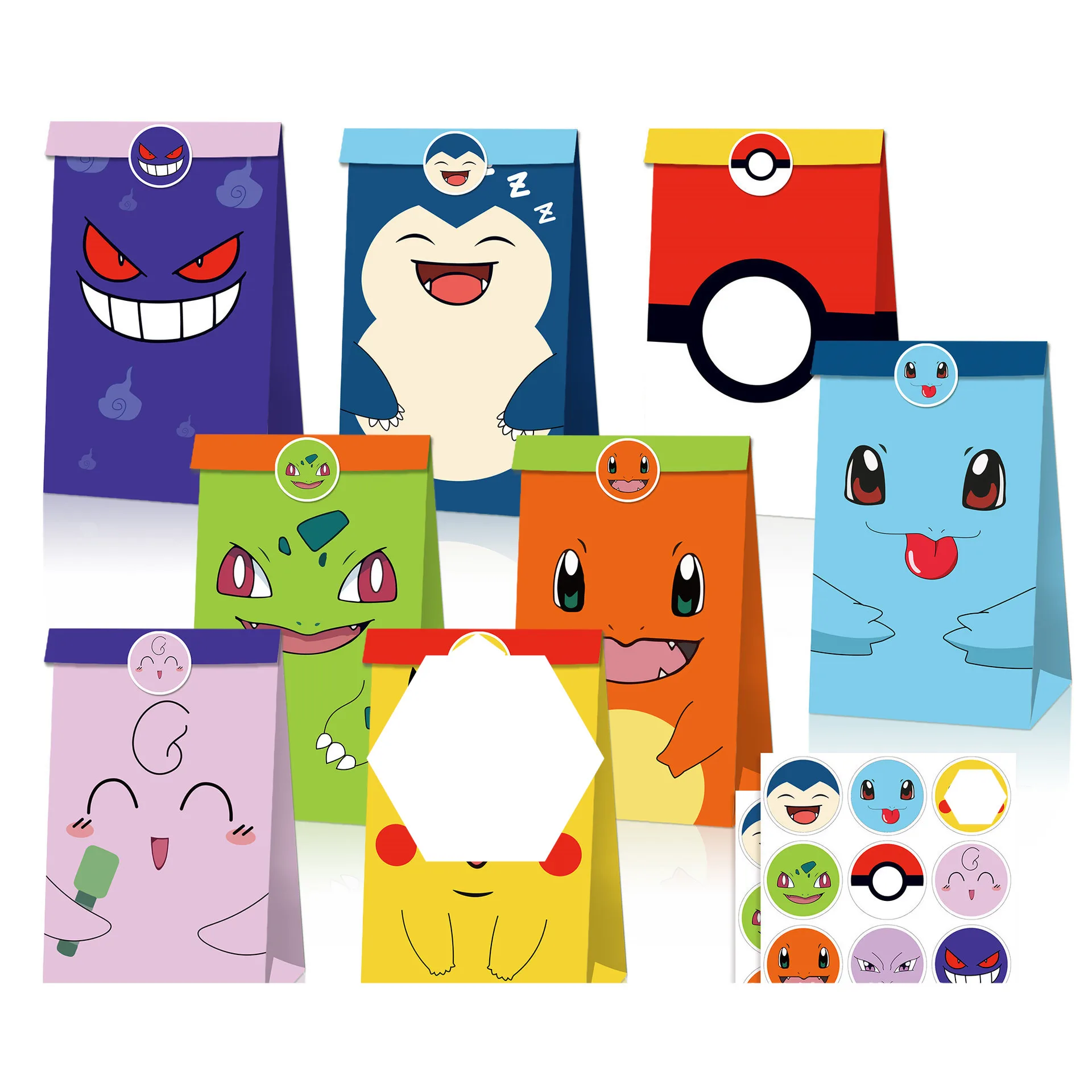 2023 Poke Candy Bag Snorlax Gengar Paperbag 12pcs bags+18 stickers Pokemoned Sets Kraft Paper Gift Bag For Kids