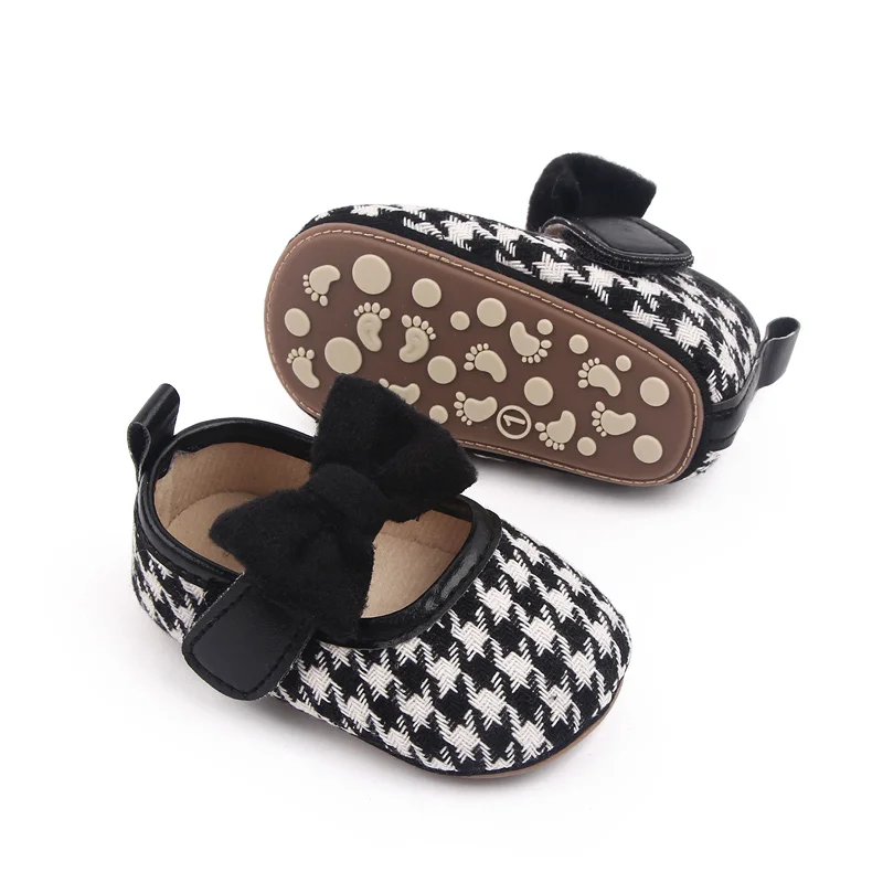 Plush Large Bow Thousand-bird Plaid Vintage Princess Soft-soled Toddler Shoes for Baby Girls details
