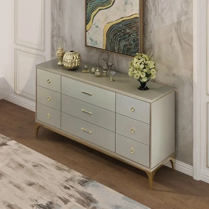 Contemporary 9-Drawer Champagne Living room Bedroom Dresser for Storage in Gold