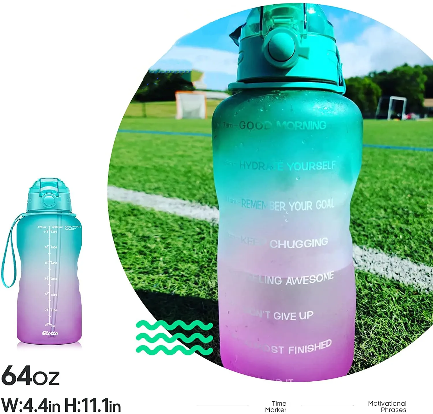 Large Half 3800ml Motivational Water Bottle with Time Marker & Straw, BPA Free Water Jug, Sport Water bottle for Travel