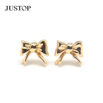 Fashionable Vintage Brass Women's Bow Shape Glossy Gold Plated Charms Stud Earrings For Wedding Gifts