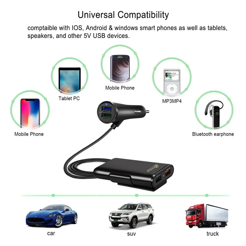 Factory 4 USB Car Fast Charging Charger QC3.0 Universal Travel Adapter Front Rear Back Holder Extension Rear Car Carrier Charger