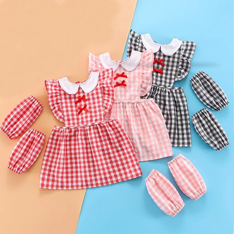 New baby Adjustable artist Bib kid apron for Antifouling Princess gingham Style child Apron Set Easy clean with Sleeved