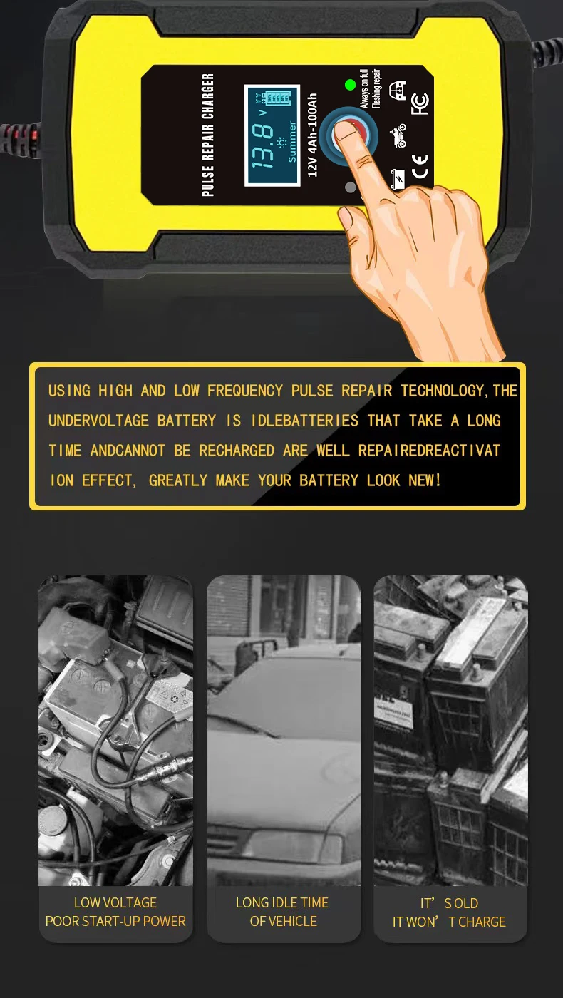 Factory price 12V battery charger 12V 6A automatic pulse repair lead acid gel agm vrla Universal motorcycle car battery charger