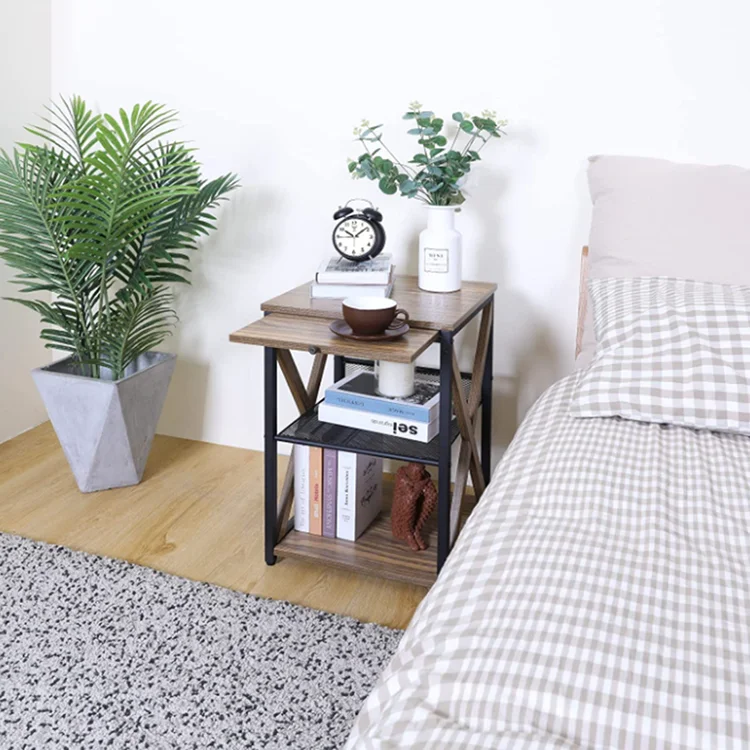 2 Tier Metal Frame Black Vintage Small Bedroom Nightstand