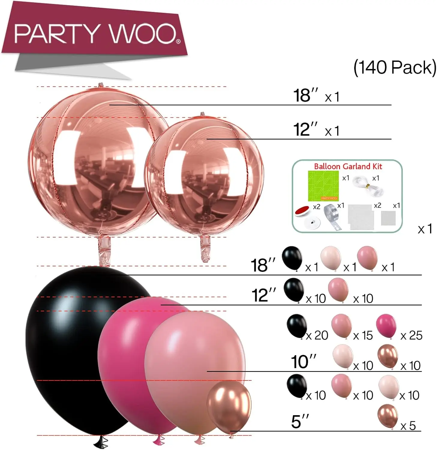 140pcs PartyWoo Black Gold and Pink Balloons Birthday Party Black And Metallic Gold Balloons Party Decorations