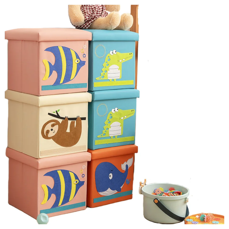 Good Selling Leather Cartoon Sticker Design Massive Capacity Storage Box Toys For Bedroom