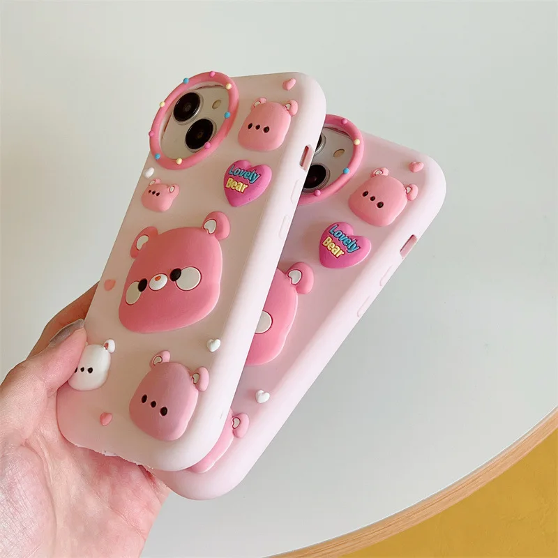 Cartoon Back Cover Pink Bear Silicone Cute Mobile Phone Case for Apple iPhone 15 14 13 12 pro max 11