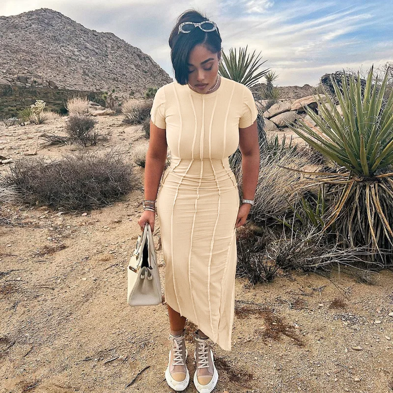 Line Solid Short Sleeve Maxi Dress 