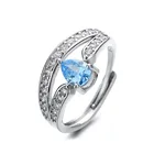 Topaz Ring Diamond Fashion Double Water Drop Topaz Crown Ring Blue Shining Light Luxury Open Diamond Ring