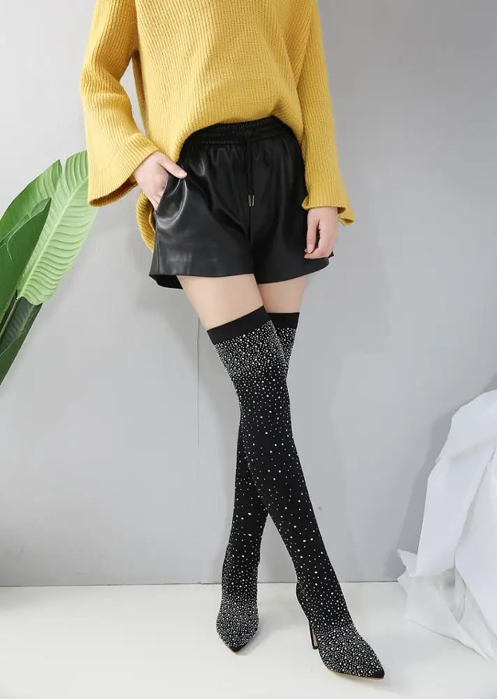 Women's Boots Fashion Track Crystal Stretch Fabric Socks Boots Pointed Toe Over The Knee Heel Thigh High Ladies Boots