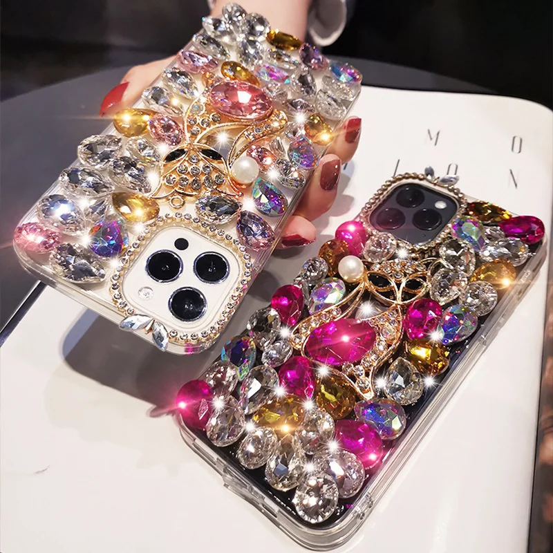 Luxury Rhinestone Case Phone Shell For iPhone 15 Pro Max Glitter Women Girl Bling Diamond Phone Cover For Samsung Note20 A73 A54