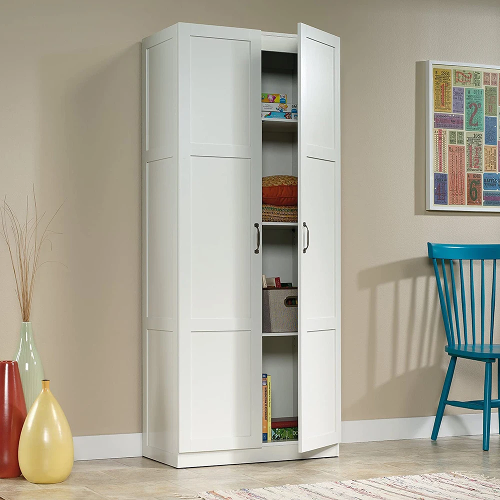 Modern 4-Shelf Tall White Wood Storage Cabinet with 2 Doors for Living Room supplier