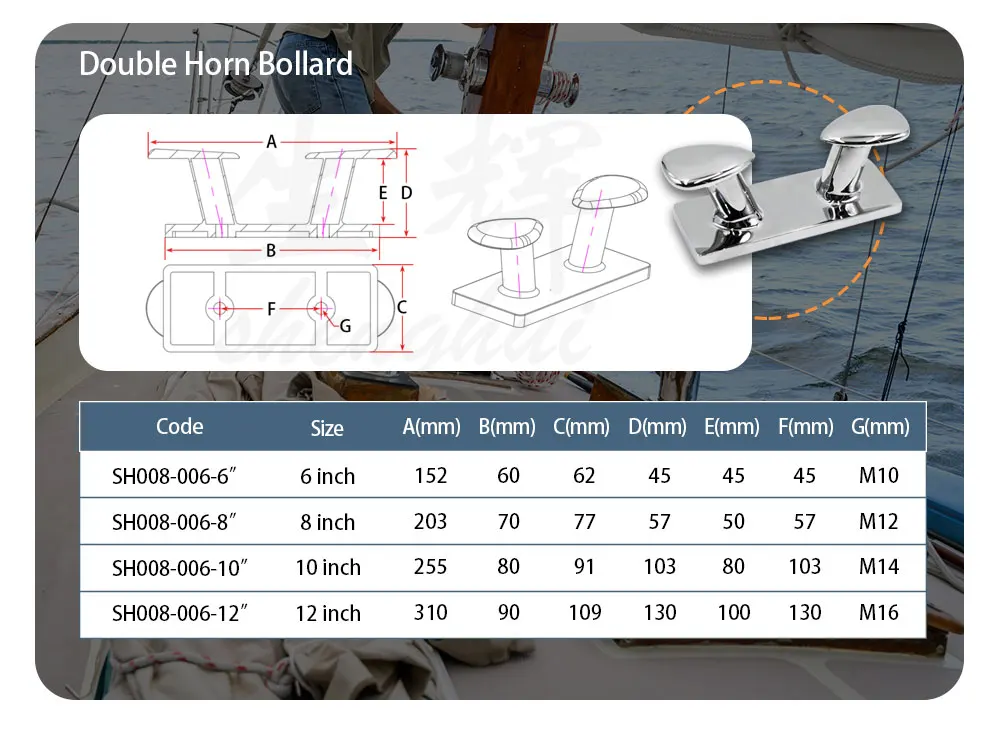 product 6 inch 8 inch 10 inch 12 inch stainless steel 316 double cross horn docking bollard cleat marine mooring dock bitt bollard-3