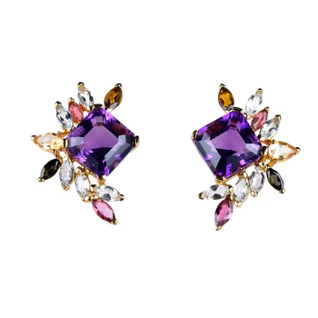 Italian Handicraft 925 Silver & Gold Plated Amethyst Stud Earrings Original Design New Collection