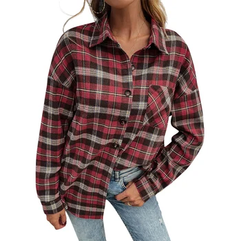 Autumn winter women blouse long sleeve red plaid turn-down neck single breasted ladies shirts