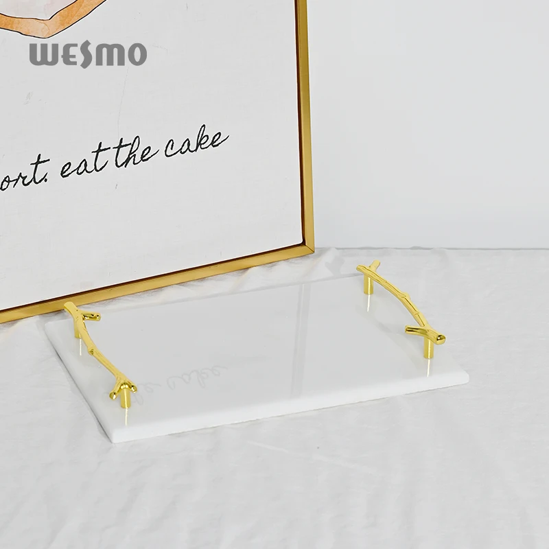 Modern Luxury Handcrafted Contemporary Marble Tray with Gold Finished Metal Handles Used for Coffee Table Decoration