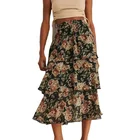 Skirt Ladies Chiffon Midi Frilled Skirt Floral Print Elastic Waist Ladies Casual Tiered Skirt Custom