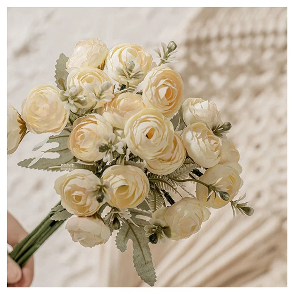 Ranunculus bud  silk artificial flower hand tied bouquet for wedding home decor