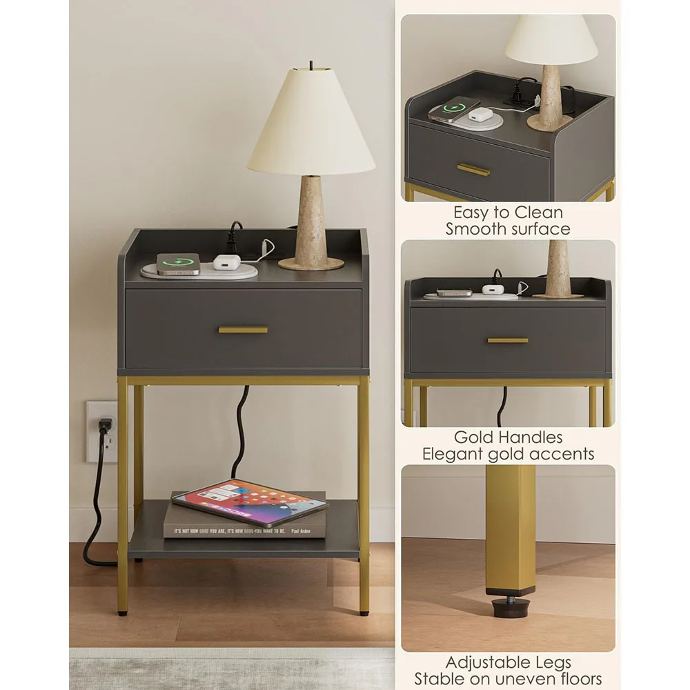 Modern Wood Nightstand Charging Station 3-Tier Storage Drawer Shelf for Bedroom & Living Room Grey supplier