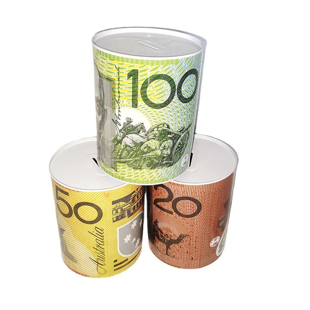 Wholesale Creative Savings Jar Tin Coin Bank Australian Dollar Pattern Money Box
