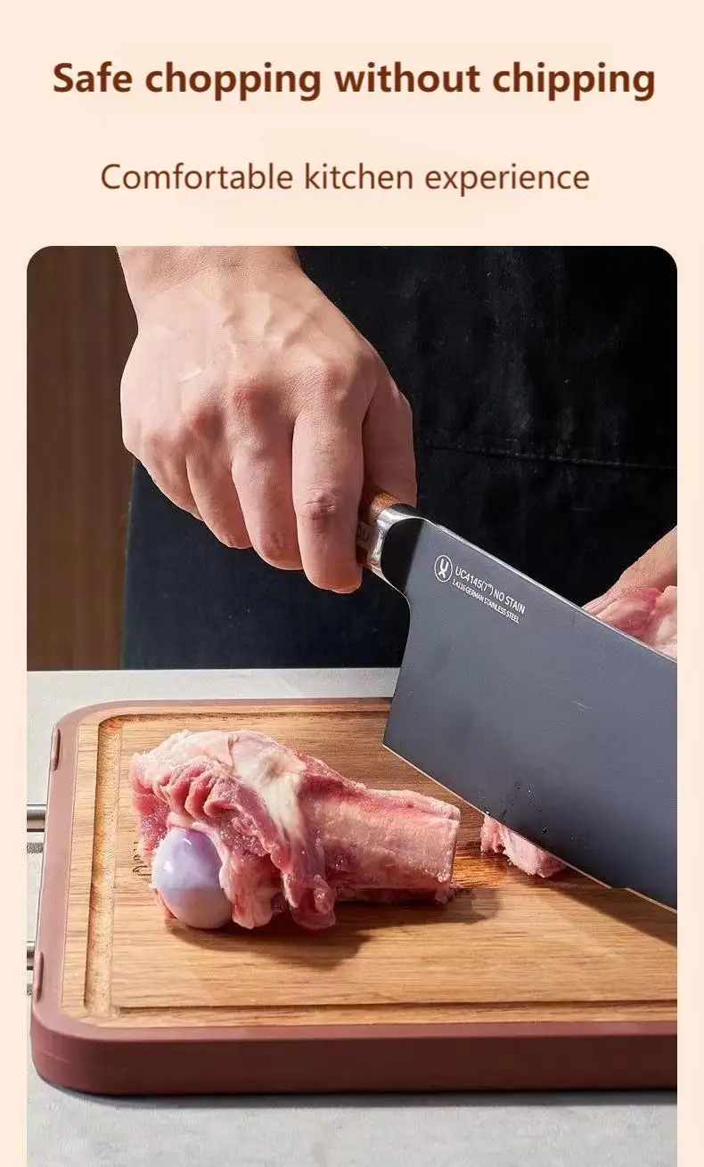 Kitchenware Bamboo Double Side Stainless Steel Chopping Board Block Wood Antibacterial Multifunctional Cutting Board with Handle