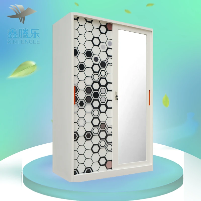 Modern Indonesia Printed Pattern Design Metal Sliding Door Kids Bedroom Furniture Modern Lemari Besi Pakaian Wardrobe