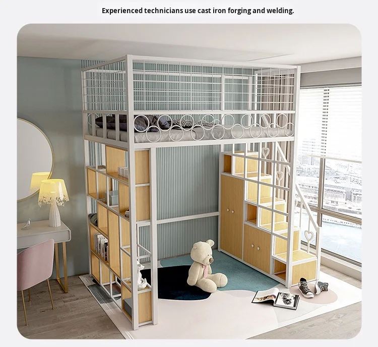 product nordic modern loft bed with desk simple metal duplex elevated loft bed iron art multifunctional space saving bed for living room-4