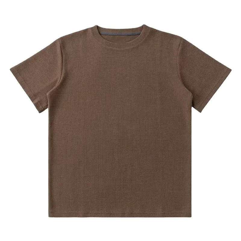 Summer Men's 260g Heavyweight  T Shirt Drop Shoulder Loose Solid Color Unisex Waffle Knitted Short Sleeve T-shirt