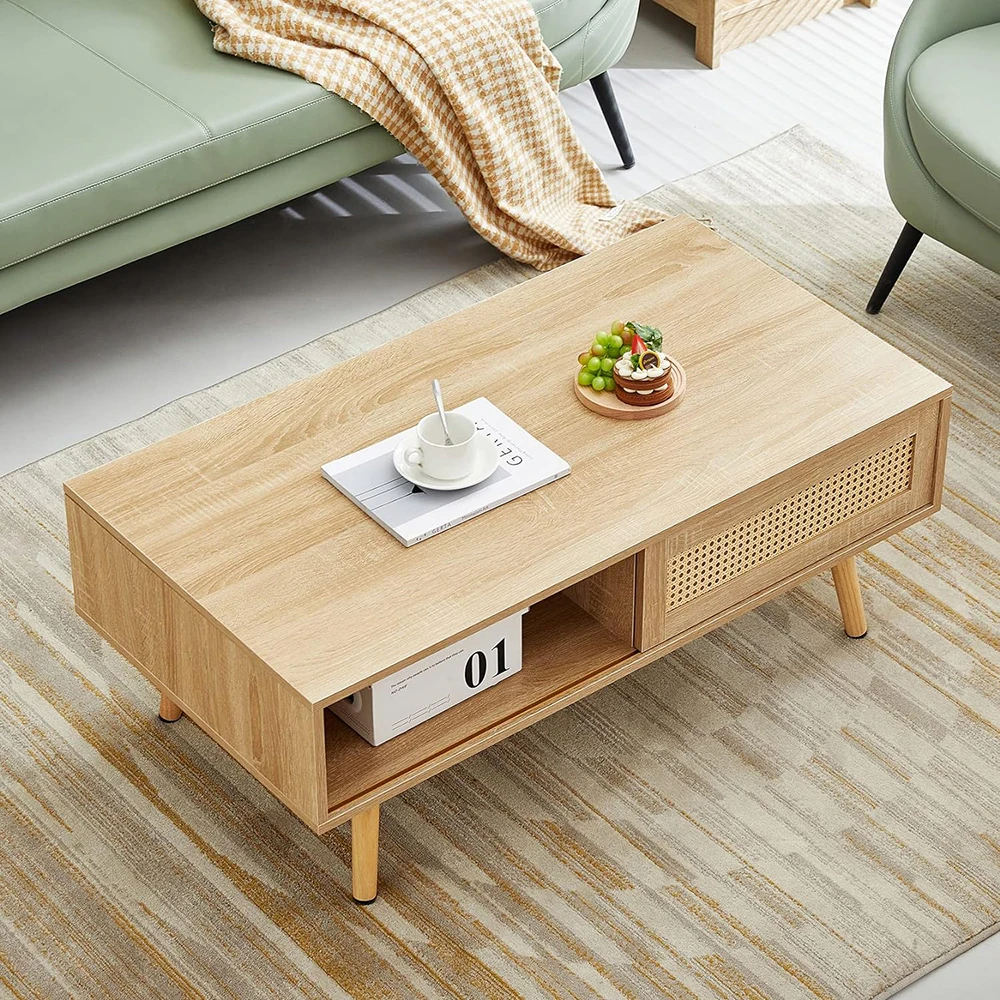 Mid Century Modern Square Coffee Table with Storage Rectangle Wooden Accent Center Tables with Sliding Door Panel and Legs manufacture