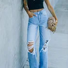 Jeans Free Shipping Cutout Single Button Jeans Casual Distressed Ripped Women Straight Leg Jeans