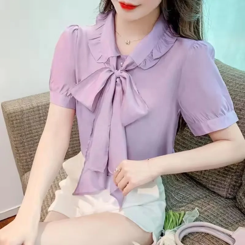 Women's 2024 Summer V Neck Blouse Puff Sleeve Swiss Dot Business Casual Cute Shirts Tops